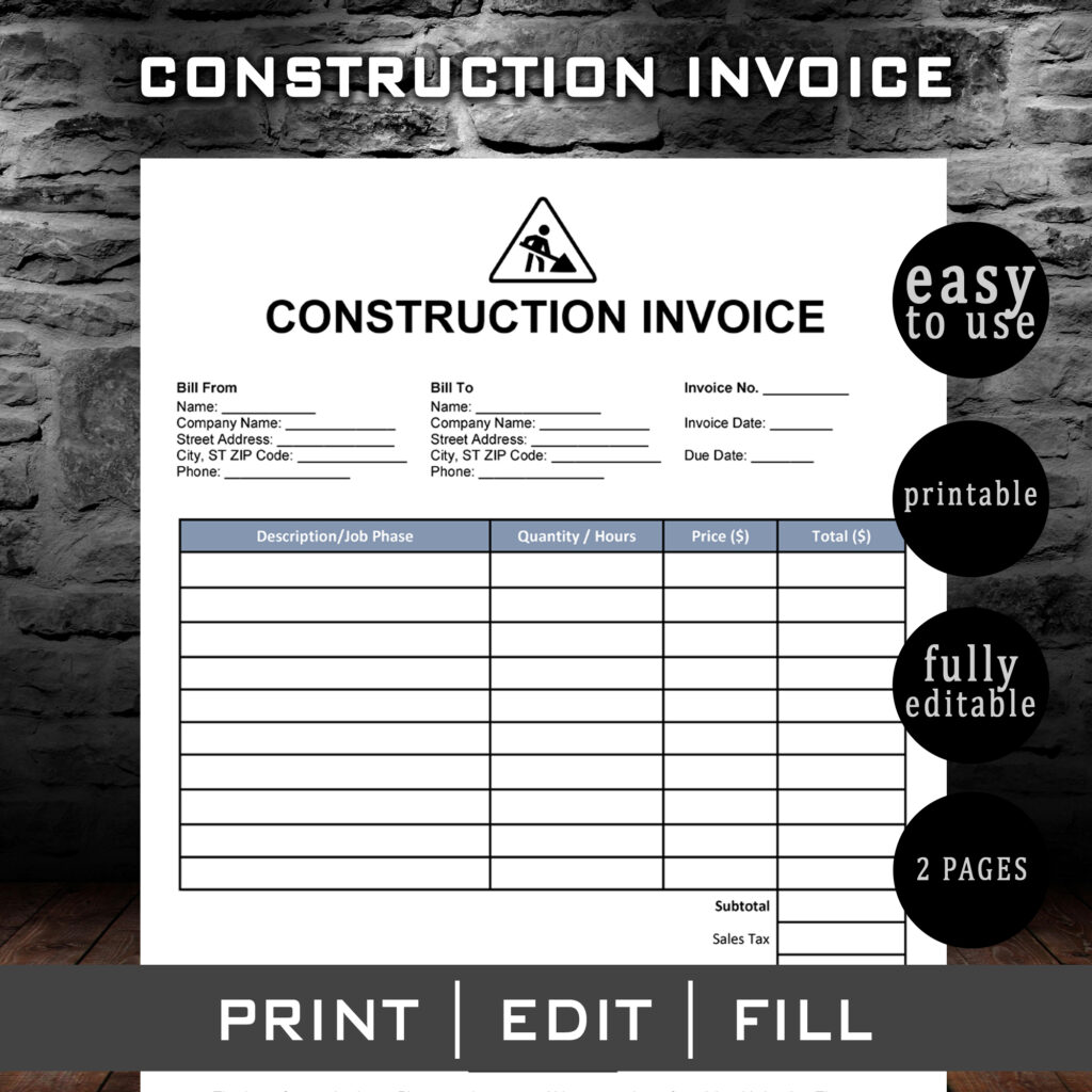 Construction Invoice Template | Contractor Invoice | Editable Invoice Template | Subcontractor Invoice Spreadsheet for Small Business