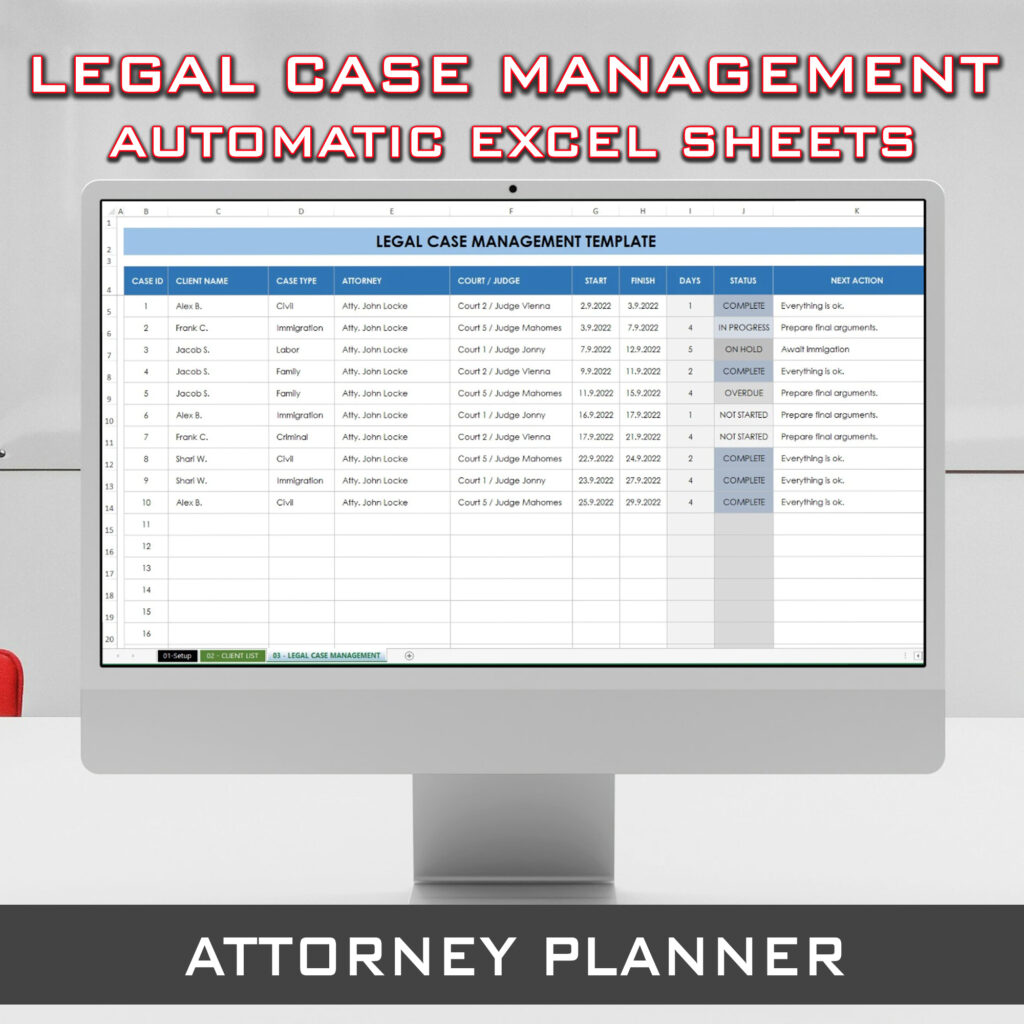 Attorney Legal Case Management Spreadsheet for Lawyers | Attorney Case Tracker Excel Template, Excel Google Sheets | Case Organizer Law Xls