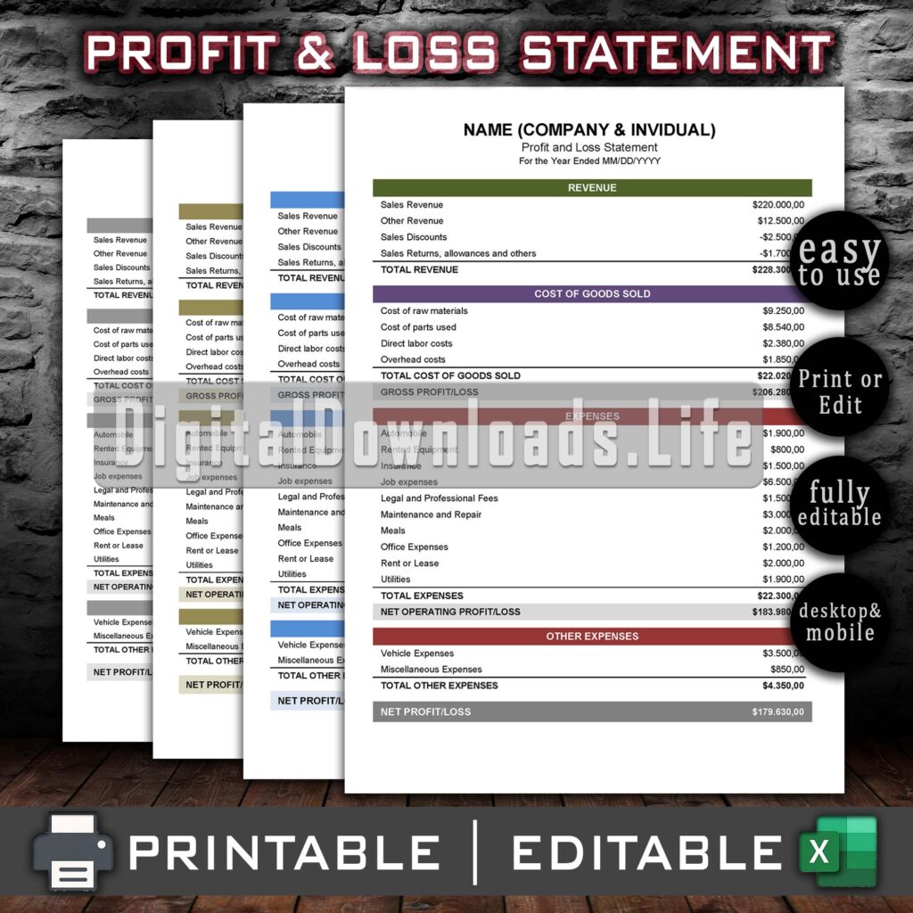 Profit and Loss Statement Template, Expense Report, Income Statement, Bookkeeping, Profit Calculator, Financial Statement, Excel Template