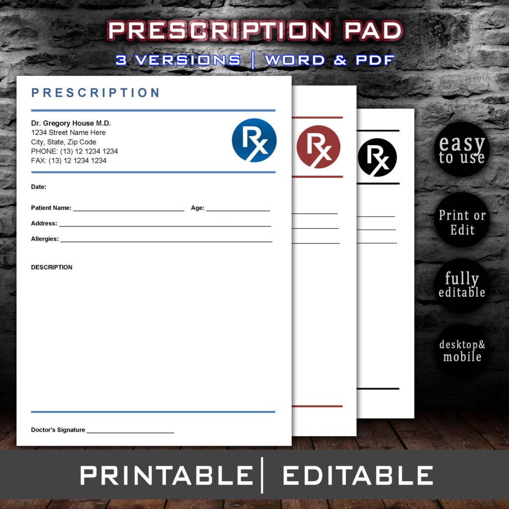 Doctor Prescription Pad Template, Prescription Sheet, Editable Printable Fillable Ms Word & Google Docs, Fillable Prescription Form Download