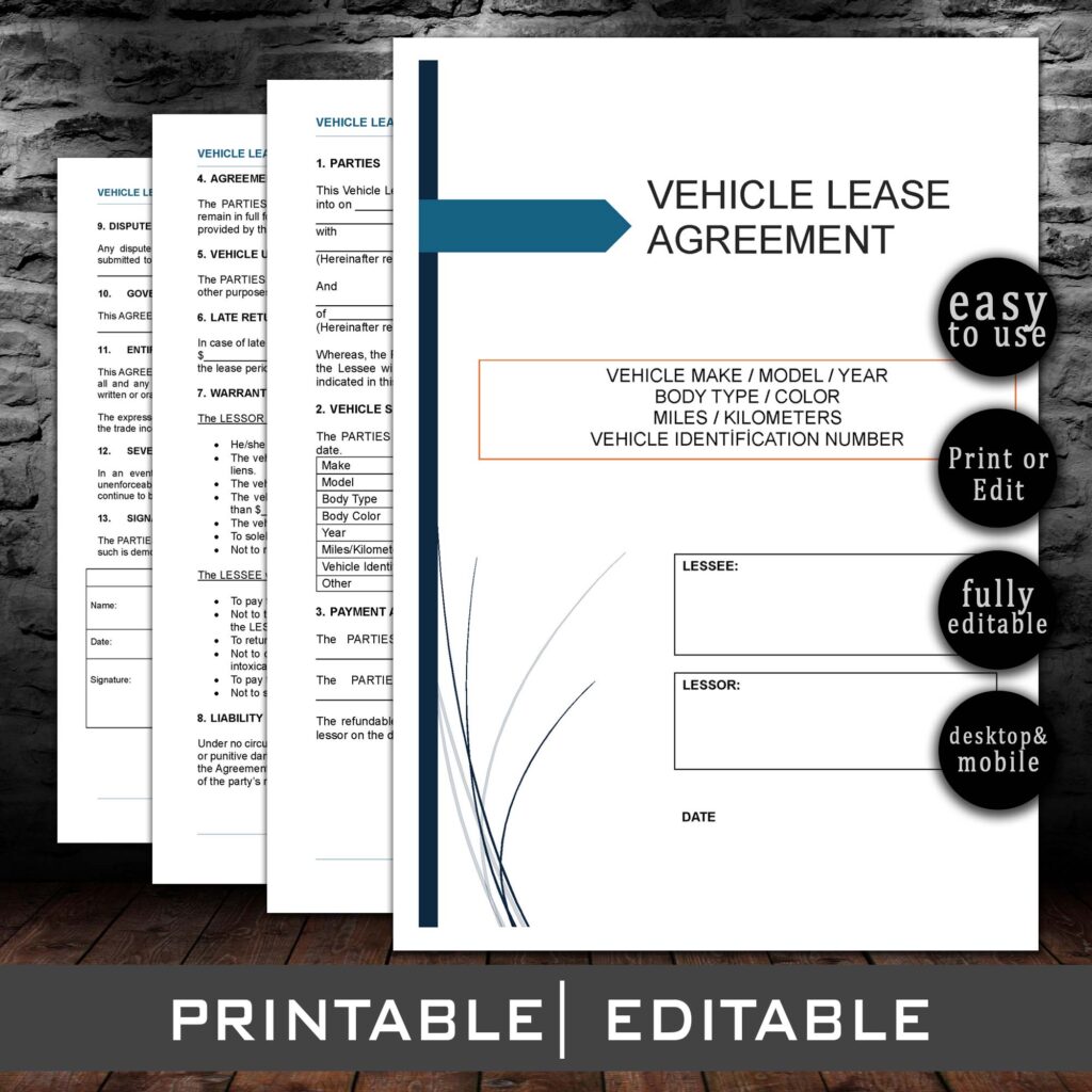 Vehicle Lease Agreement Template | Fillable PDF, Printable, Editable Word & Google Docs | Car Lease Contract, Vehicle Rental Agreement Form